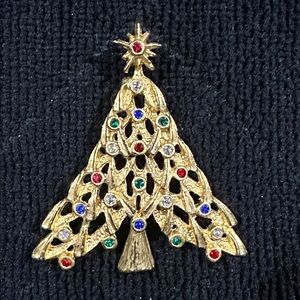 Vintage Gold-Tone Jeweled Christmas Tree Brooch